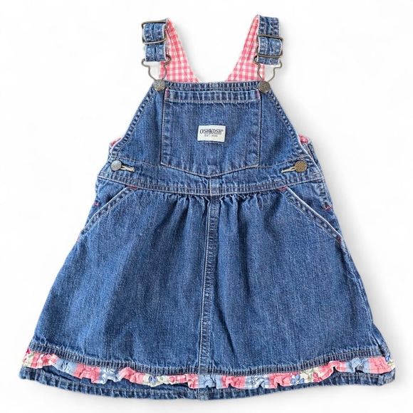 OshKosh B'gosh Vintage Baby Girl Denim Overall Dress 18 Months Pink Gingham - Picture 1 of 8